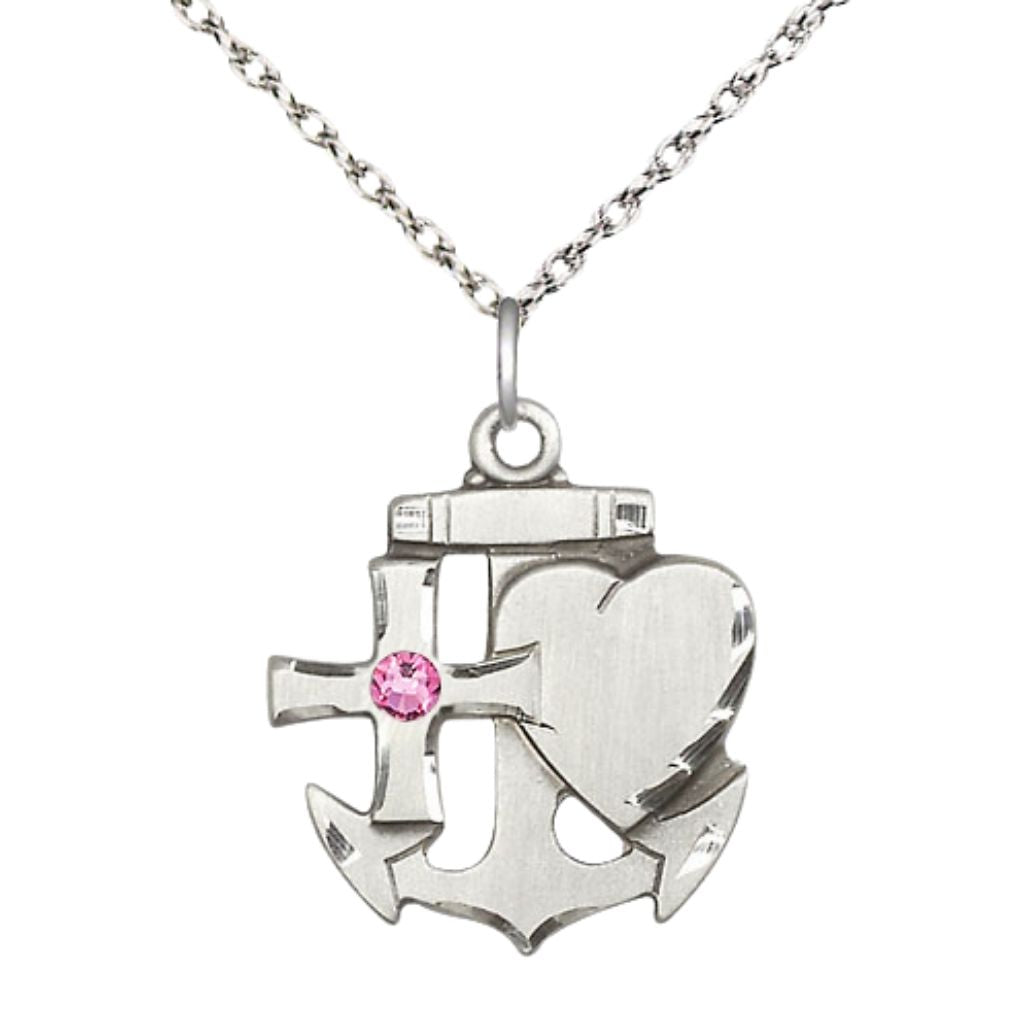 Bliss Birthstone Sterling Silver Faith, Hope, and Charity 3mm Rose Crystal Pendant with Sterling Silver Rope Chain, Medal Measures 7/8-inch tall by 3/4-inch wide