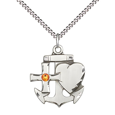 Faith, Hope & Charity Sterling Birthstone 3mm Topaz Austrian Crystal Pendant Necklace with Rhodium-plated Chain, Medal, Measures 7/8-inch tall by 3/4-inch wide, Bliss Manufacturing