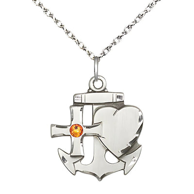 Birthstone Sterling Silver Faith, Hope, and Charity 3mm Topaz Crystal Pendant with Sterling Silver Rope Chain, Medal Measures 7/8-inch tall by 3/4-inch wide, Bliss Manufacturing