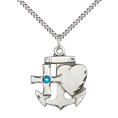 Faith, Hope & Charity Sterling Birthstone 3mm Zircon Austrian Crystal Pendant Necklace with Rhodium-plated Chain, Medal, Measures 7/8-inch tall by 3/4-inch wide, Bliss Manufacturing