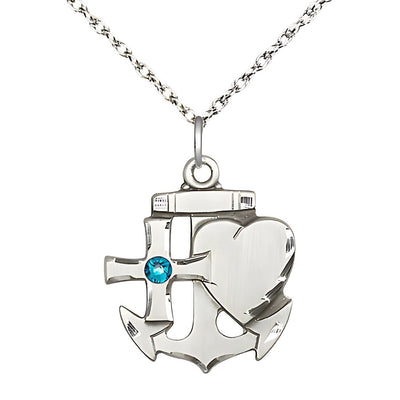 Birthstone Sterling Silver Faith, Hope, and Charity 3mm Zircon Crystal Pendant with Sterling Silver Rope Chain, Medal Measures 7/8-inch tall by 3/4-inch wide, Bliss Manufacturing