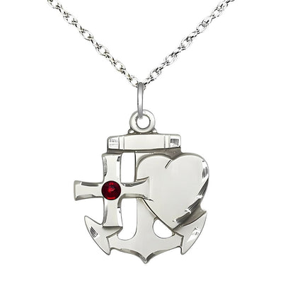Birthstone Sterling Silver Faith, Hope, and Charity 3mm Garnet Crystal Pendant with Sterling Silver Rope Chain, Medal Measures 7/8-inch tall by 3/4-inch wide, Bliss Manufacturing