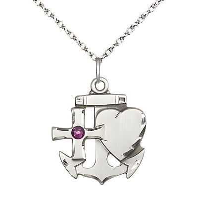 Birthstone Sterling Silver Faith, Hope, and Charity 3mm Amethyst Crystal Pendant with Sterling Silver Rope Chain, Medal Measures 7/8-inch tall by 3/4-inch wide, Bliss Manufacturing