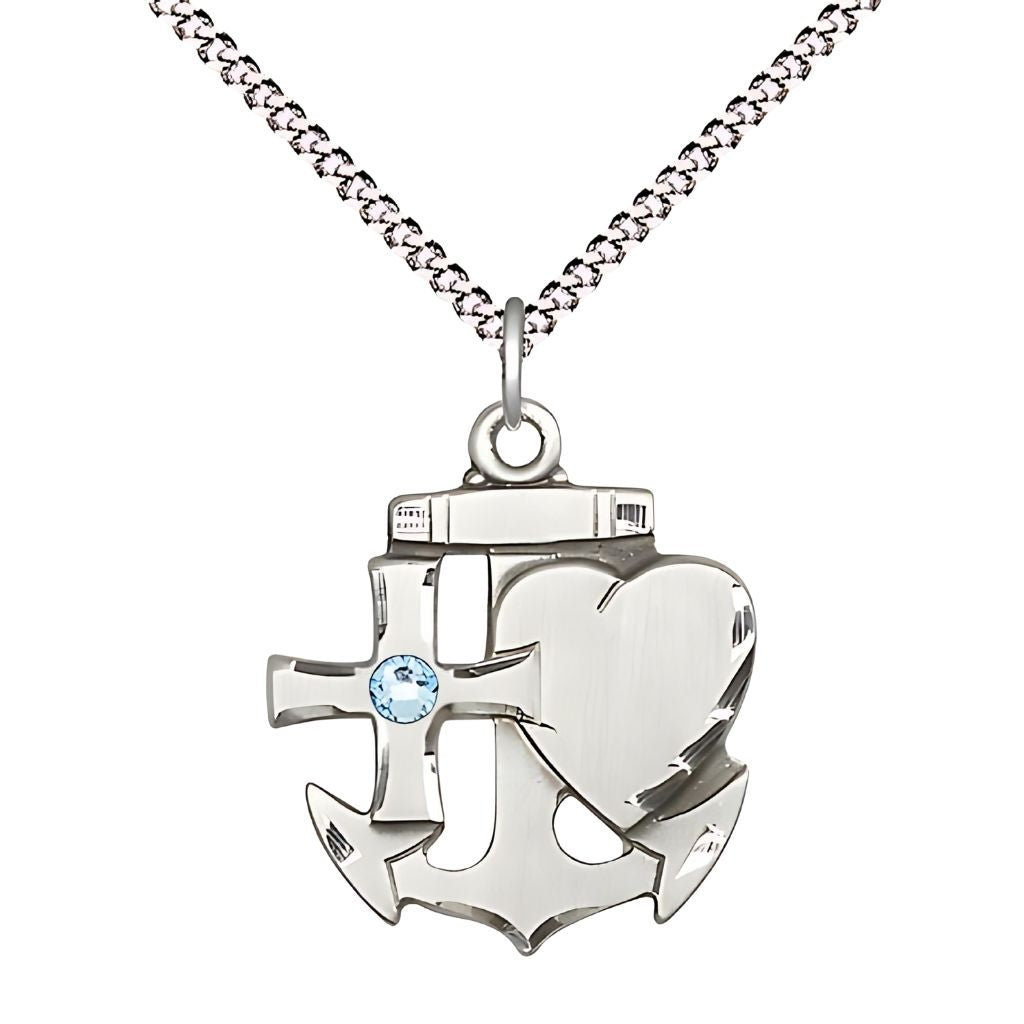 Bliss Faith, Hope & Charity Sterling Birthstone 3mm Aqua Austrian Crystal Pendant Necklace with Rhodium-plated Chain, Medal, Measures 7/8-inch tall by 3/4-inch wide