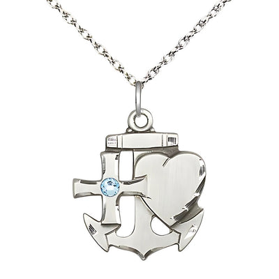 Birthstone Sterling Silver Faith, Hope, and Charity 3mm Aqua Crystal Pendant with Sterling Silver Rope Chain, Medal Measures 7/8-inch tall by 3/4-inch wide, Bliss Manufacturing