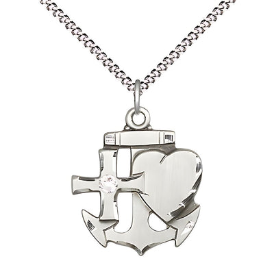 Faith, Hope & Charity Sterling Birthstone 3mm Clear Austrian Crystal Pendant Necklace with Rhodium-plated Chain, Medal, Measures 7/8-inch tall by 3/4-inch wide, Bliss Manufacturing