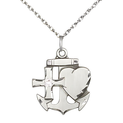 Birthstone Sterling Silver Faith, Hope, and Charity 3mm Clear Crystal Pendant with Sterling Silver Rope Chain, Medal Measures 7/8-inch tall by 3/4-inch wide, Bliss Manufacturing