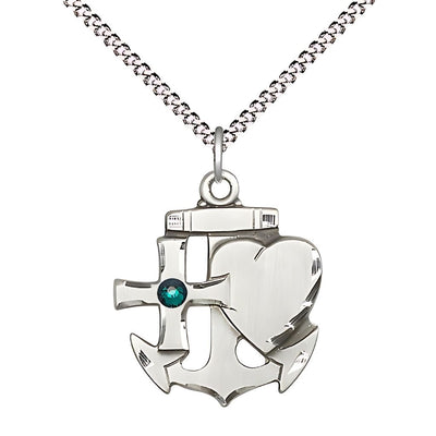 Faith, Hope & Charity Sterling Birthstone 3mm Emerald Austrian Crystal Pendant Necklace with Rhodium-plated Chain, Medal, Measures 7/8-inch tall by 3/4-inch wide, Bliss Manufacturing