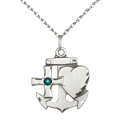 Birthstone Sterling Silver Faith, Hope, and Charity 3mm Emerald Crystal Pendant with Sterling Silver Rope Chain, Medal Measures 7/8-inch tall by 3/4-inch wide, Bliss Manufacturing