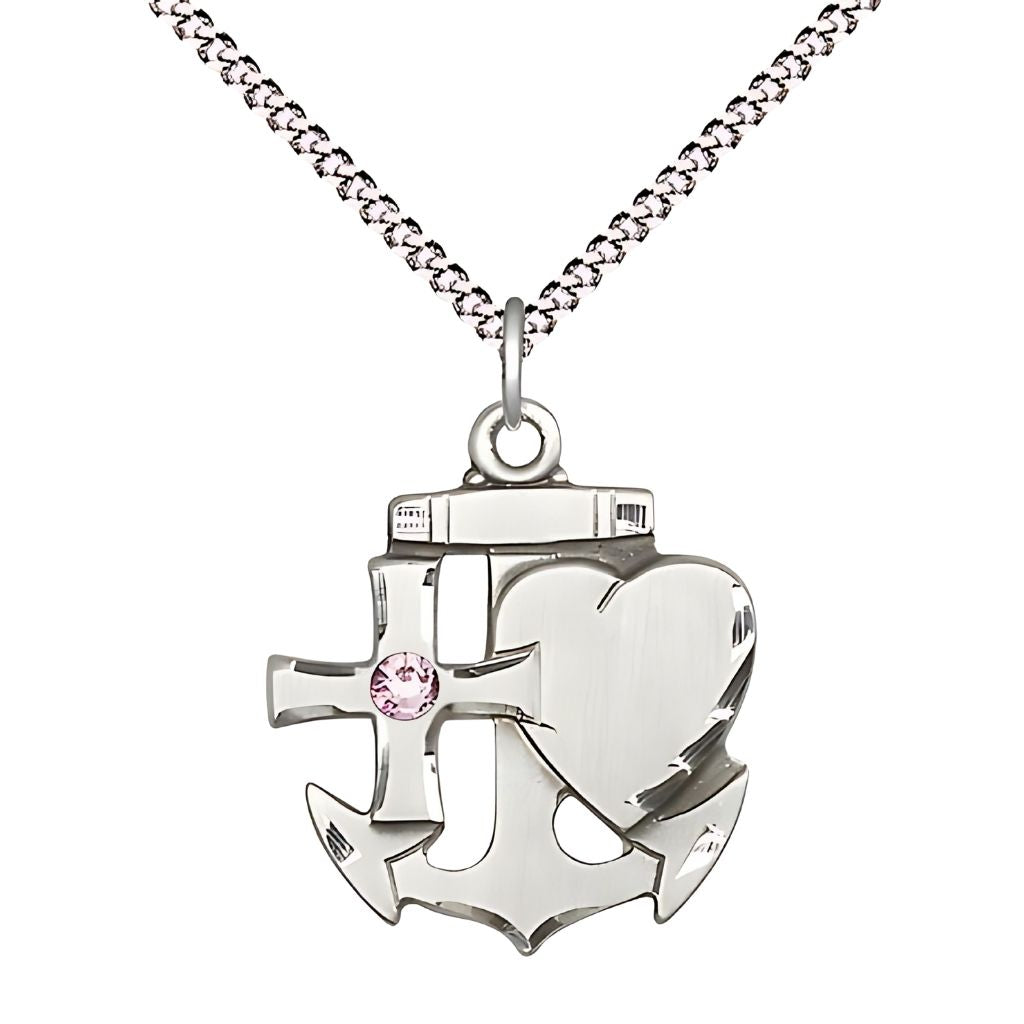 Bliss Faith, Hope & Charity Sterling Birthstone 3mm Light Amethyst Austrian Crystal Pendant Necklace with Rhodium-plated Chain, Medal, Measures 7/8-inch tall by 3/4-inch wide