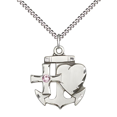 Faith, Hope & Charity Sterling Birthstone 3mm Light Amethyst Austrian Crystal Pendant Necklace with Rhodium-plated Chain, Medal, Measures 7/8-inch tall by 3/4-inch wide, Bliss Manufacturing