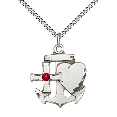 Faith, Hope & Charity Sterling Birthstone 3mm Ruby Austrian Crystal Pendant Necklace with Rhodium-plated Chain, Medal, Measures 7/8-inch tall by 3/4-inch wide, Bliss Manufacturing