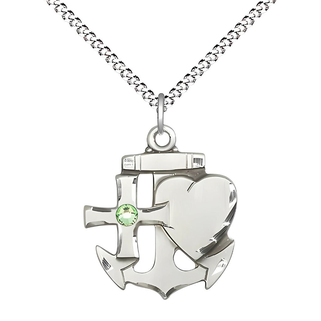 Bliss Faith, Hope & Charity Sterling Birthstone 3mm Peridot Austrian Crystal Pendant Necklace with Rhodium-plated Chain, Medal, Measures 7/8-inch tall by 3/4-inch wide