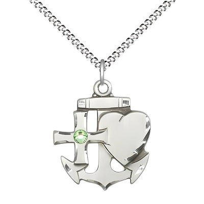 Faith, Hope & Charity Sterling Birthstone 3mm Peridot Austrian Crystal Pendant Necklace with Rhodium-plated Chain, Medal, Measures 7/8-inch tall by 3/4-inch wide, Bliss Manufacturing