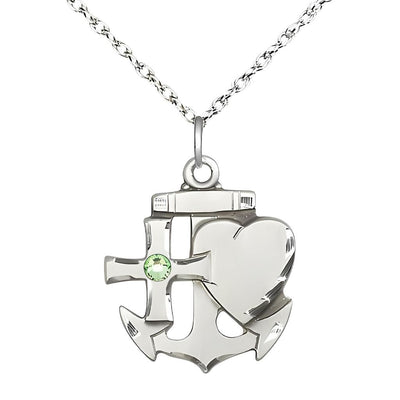 Birthstone Sterling Silver Faith, Hope, and Charity 3mm Peridot Crystal Pendant with Sterling Silver Rope Chain, Medal Measures 7/8-inch tall by 3/4-inch wide, Bliss Manufacturing