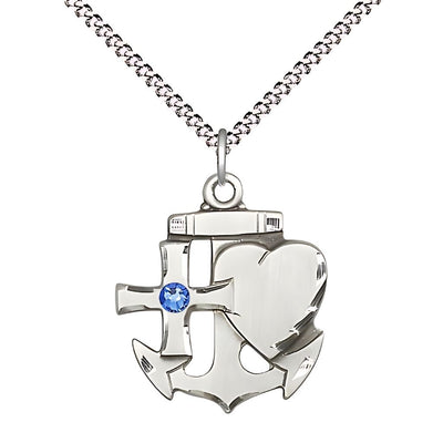 Faith, Hope & Charity Sterling Birthstone 3mm Sapphire Austrian Crystal Pendant Necklace with Rhodium-plated Chain, Medal, Measures 7/8-inch tall by 3/4-inch wide, Bliss Manufacturing