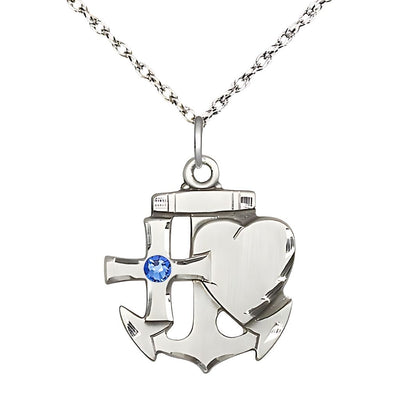 Birthstone Sterling Silver Faith, Hope, and Charity 3mm Sapphire Crystal Pendant with Sterling Silver Rope Chain, Medal Measures 7/8-inch tall by 3/4-inch wide, Bliss Manufacturing