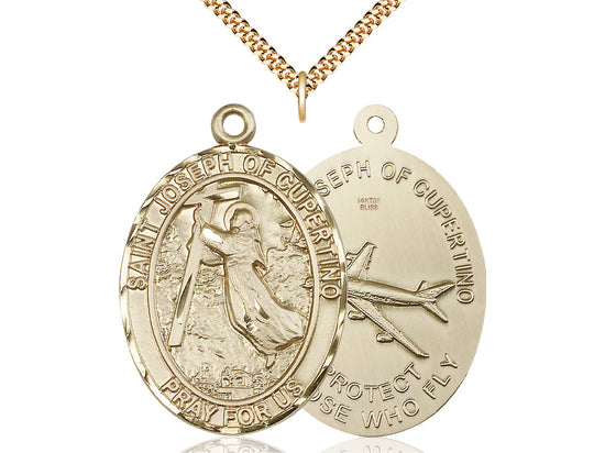 Bliss 14kt Gold Filled Saint Joseph of Cupertino Pendant on a 24 inch Gold Plate Heavy Curb Chain,