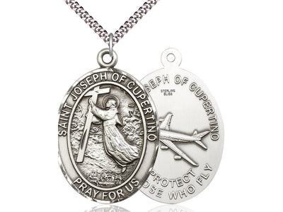 Sterling Silver Saint Joseph Of Cupertino Pendant On A 24 Inch Light Rhodium Heavy Curb Chain, Bliss Manufacturing