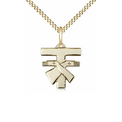 Small Coat of Arms Franciscan Tau Cross Gold-filled Medal with Gold-plated Chain, 5/8-inch tall by 1/2-inch wide, Bliss Manufacturing