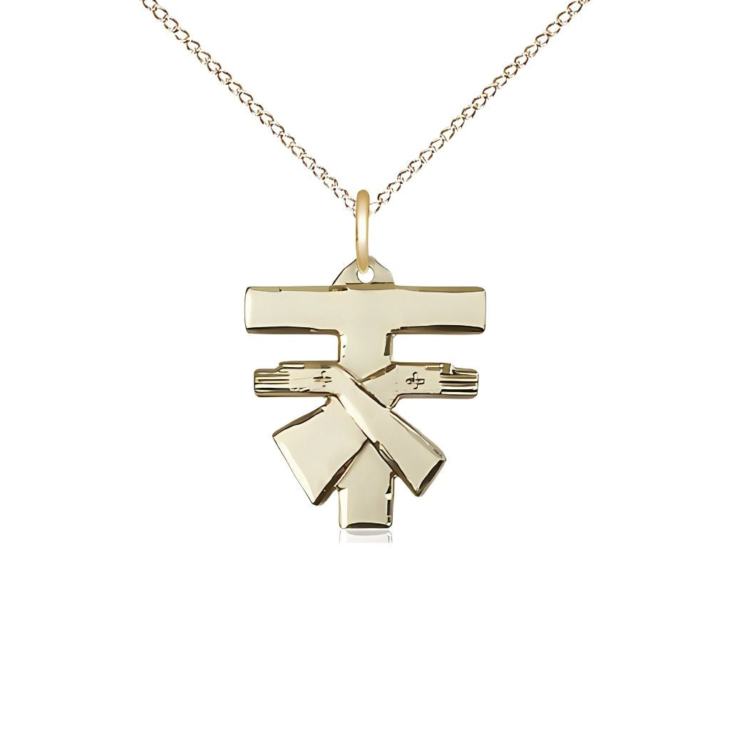 Bliss Small Coat of Arms Franciscan Tau Cross Gold-filled Medal with Gold-filled Chain, 5/8-inch tall by 1/2-inch wide