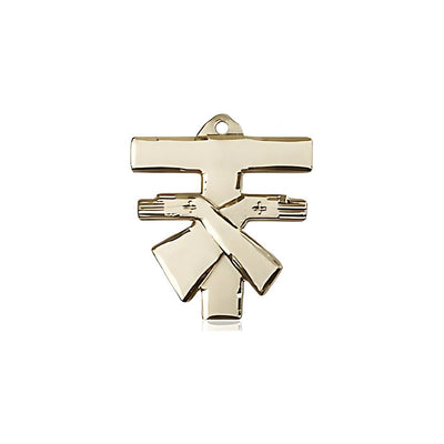 Small Coat of Arms Franciscan Tau Cross 14kt Gold Medal, Measures 5/8-inch tall by 1/2-inch wide, Bliss Manufacturing