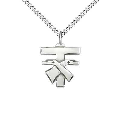 Small Coat of Arms Franciscan Tau Cross Sterling Silver Medal with Rhodium-plated Light Curb Chain, 5/8-inch tall by 1/2-inch wide, Bliss Manufacturing