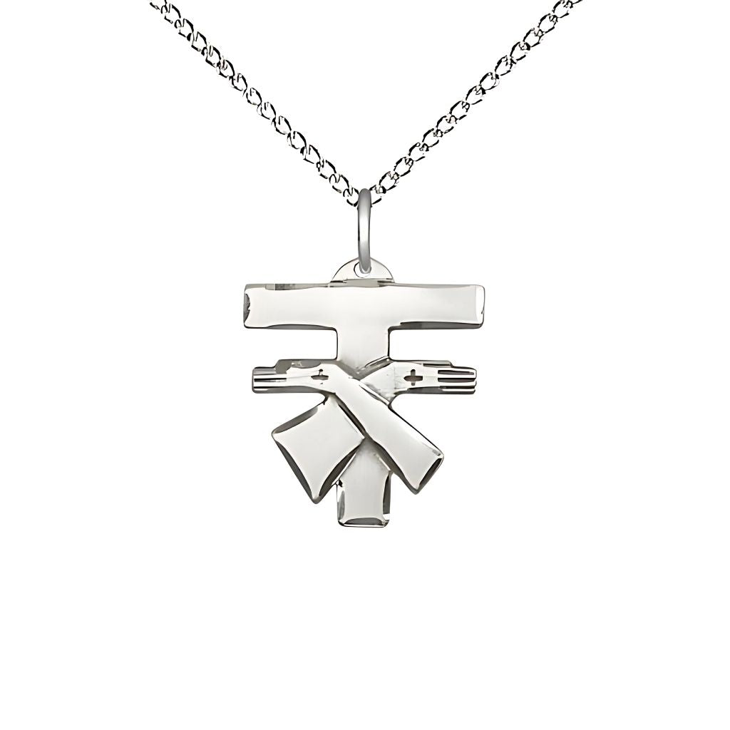 Bliss Small Coat of Arms Franciscan Tau Cross Sterling Silver Medal with Sterling Silver Light Curb Chain, 5/8-inch tall by 1/2-inch wide