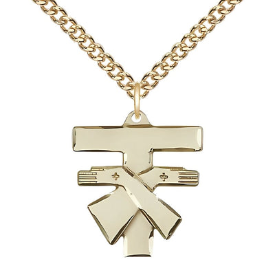 Large Gold-filled Franciscan Cross Medal w/Gold-filled Curb Chain, Bliss Manufacturing