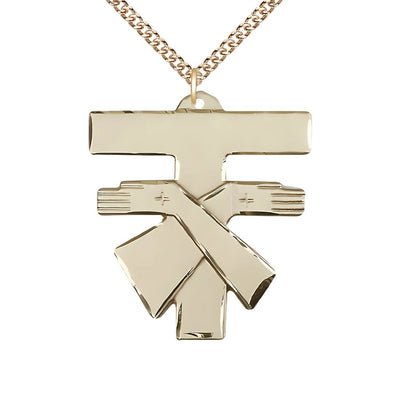 Large Franciscan Coat of Arms Tau Cross 14kt Gold Medal with 14kt Gold Chain, Bliss Manufacturing
