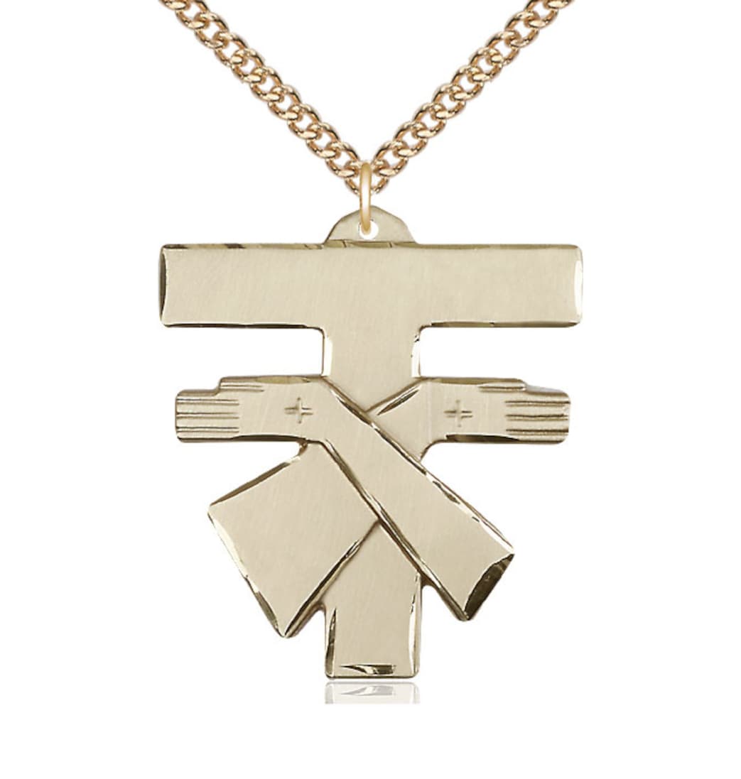 Bliss Large 14kt Gold Franciscan Cross Medal w/14kt Gold Curb Chain,