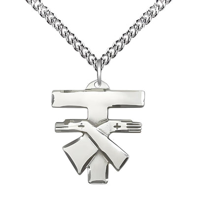 Large Sterling Silver Franciscan Cross Medal w/Sterling Silver Curb Chain, Bliss Manufacturing