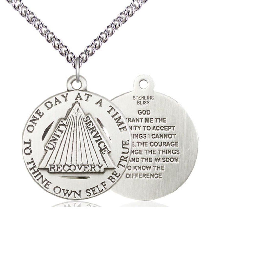 Bliss Recovery Serenity Prayer Sterling Silver Medal Necklace with Chain