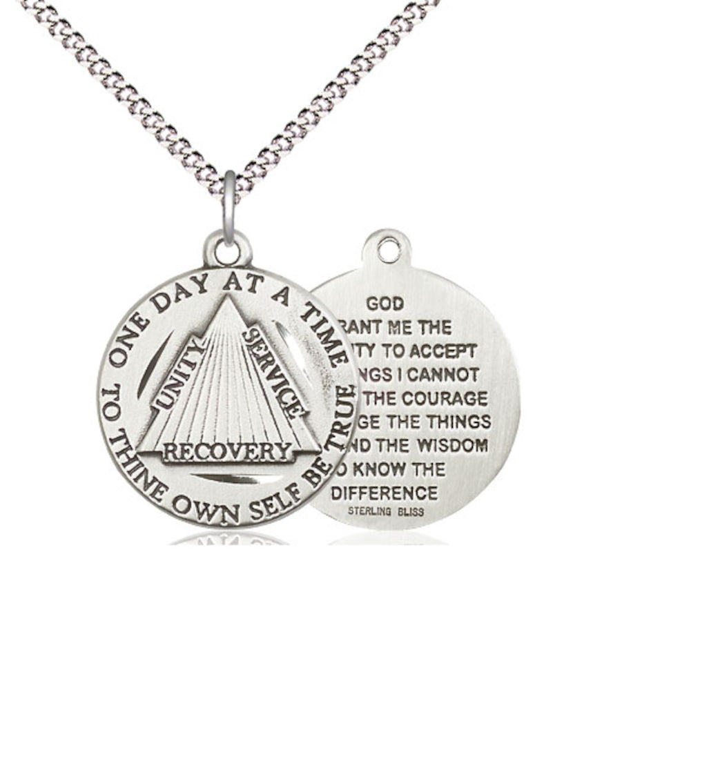 Bliss Recovery Serenity Prayer Sterling Silver Medal Necklace with Chain