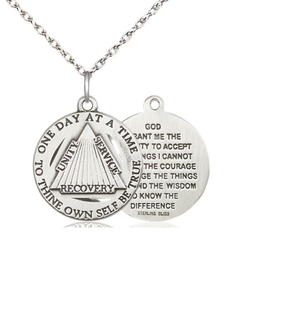 Bliss Recovery Serenity Prayer Sterling Silver Medal Necklace with Chain