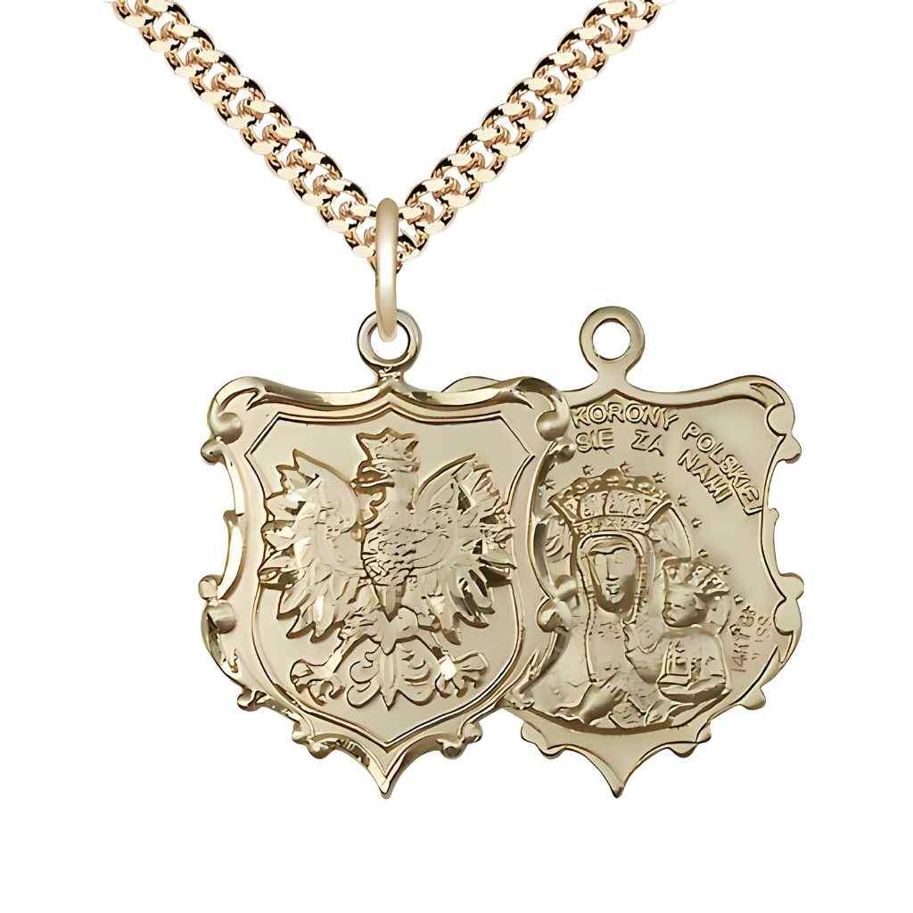 Large size Our Lady of Czestochowa and Falcon 14kt gold-filled  shield medal with gold-plated chain