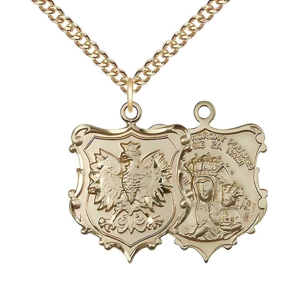 Large size Our Lady of Czestochowa and Falcon 14kt gold-filled shield medal with gold-filled chain (view 2)
