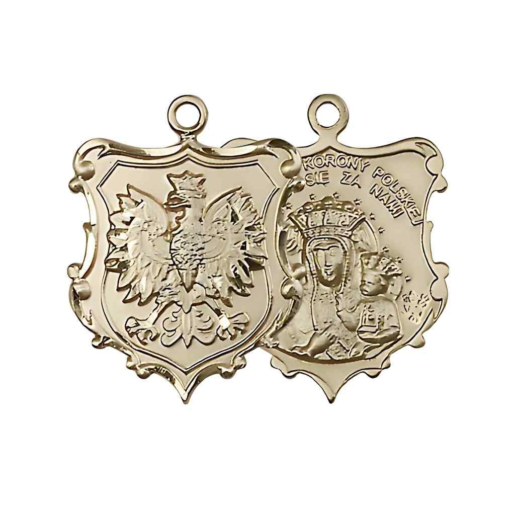 Large size Our Lady of Czestochowa and Falcon 14kt gold shield medal
