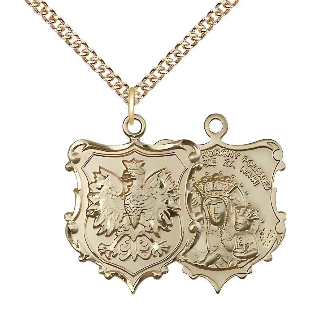 Large size Our Lady of Czestochowa and Falcon 14kt gold shield medal with 14kt gold chain (view 2)