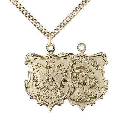 Large size Our Lady of Czestochowa and Falcon 14kt gold shield medal with 14kt gold chain (view 2)