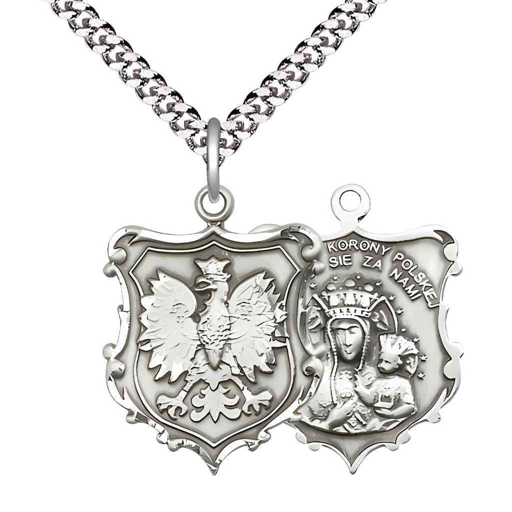 Large size Our Lady of Czestochowa and Falcon pewter shield medal available with 24", 27", or 30" rhodium-plated chain