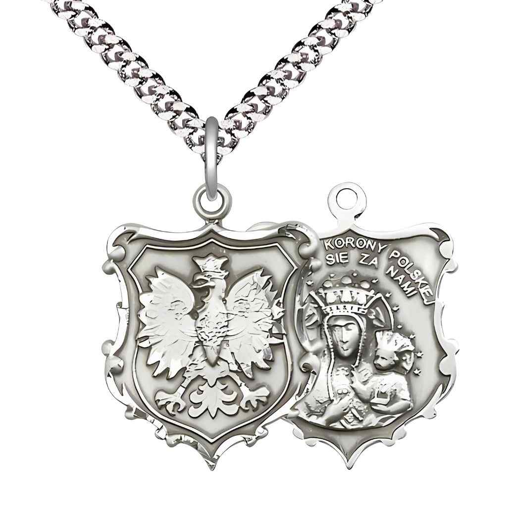 Large size Our Lady of Czestochowa and Falcon sterling silver shield medal with rhodium-plated chain