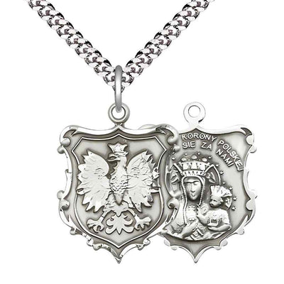 Large size Our Lady of Czestochowa and Falcon sterling silver shield medal with rhodium-plated chain