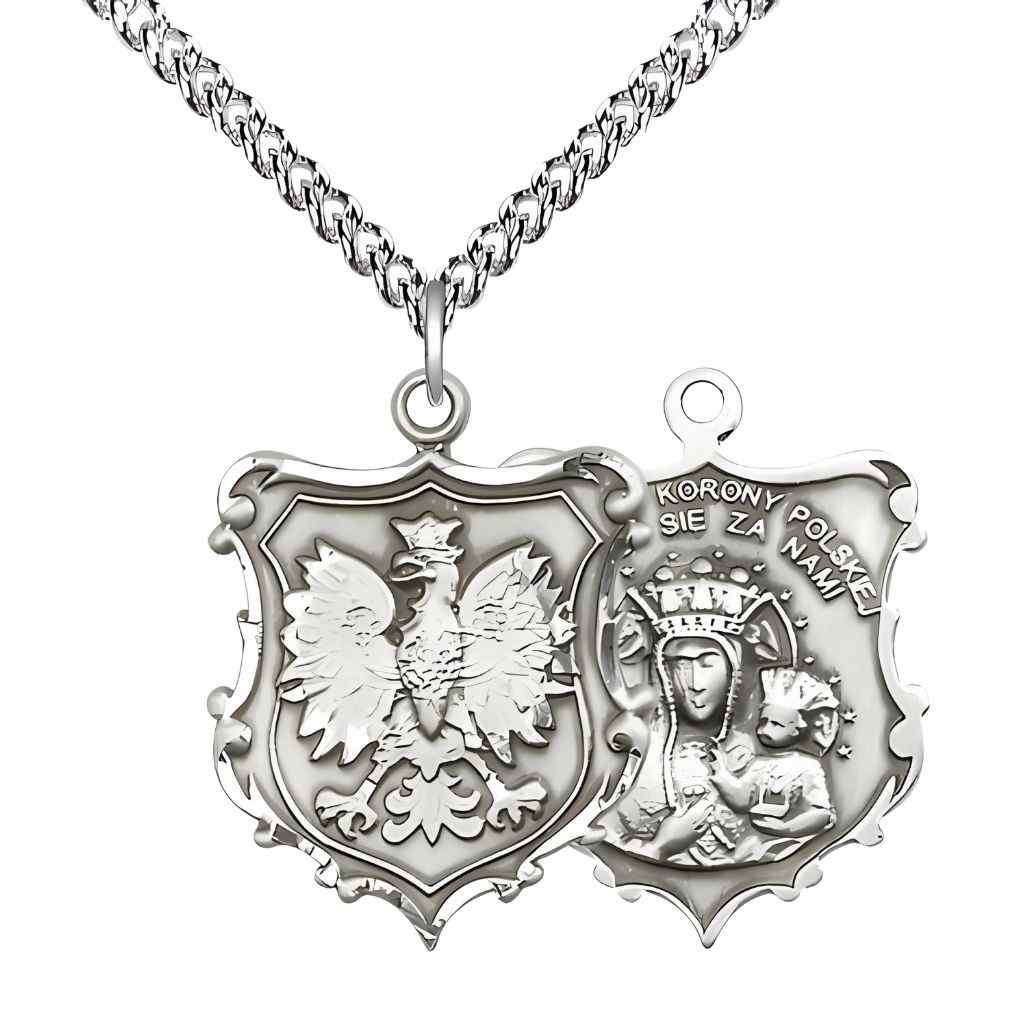 Large size Our Lady of Czestochowa and Falcon sterling silver shield medal with sterling silver chain (view 2)