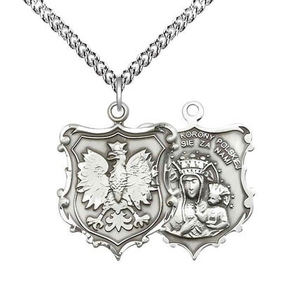 Large size Our Lady of Czestochowa and Falcon sterling silver shield medal with sterling silver chain (view 2)