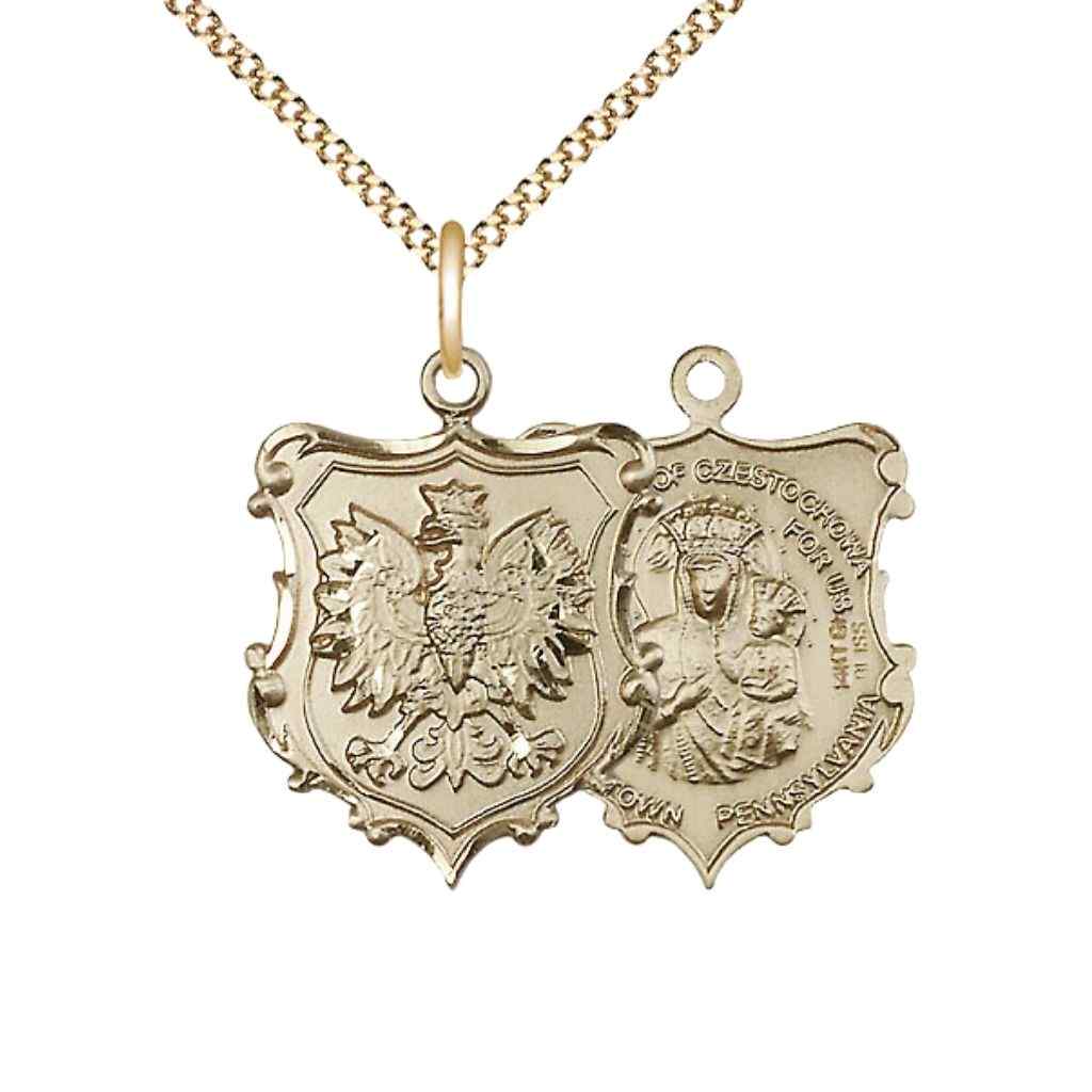 Medium size Our Lady of Czestochowa and Falcon 14kt gold-filled  shield medal with gold-plated chain