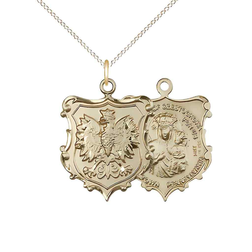 Medium size Our Lady of Czestochowa and Falcon 14kt gold shield medal with 14kt gold chain (view 2)