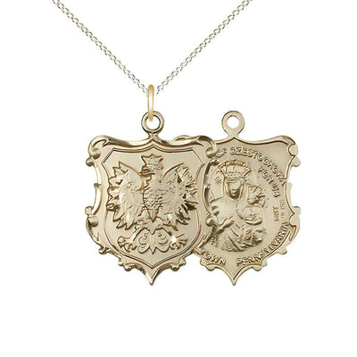 Medium size Our Lady of Czestochowa and Falcon 14kt gold shield medal with 14kt gold chain (view 2)