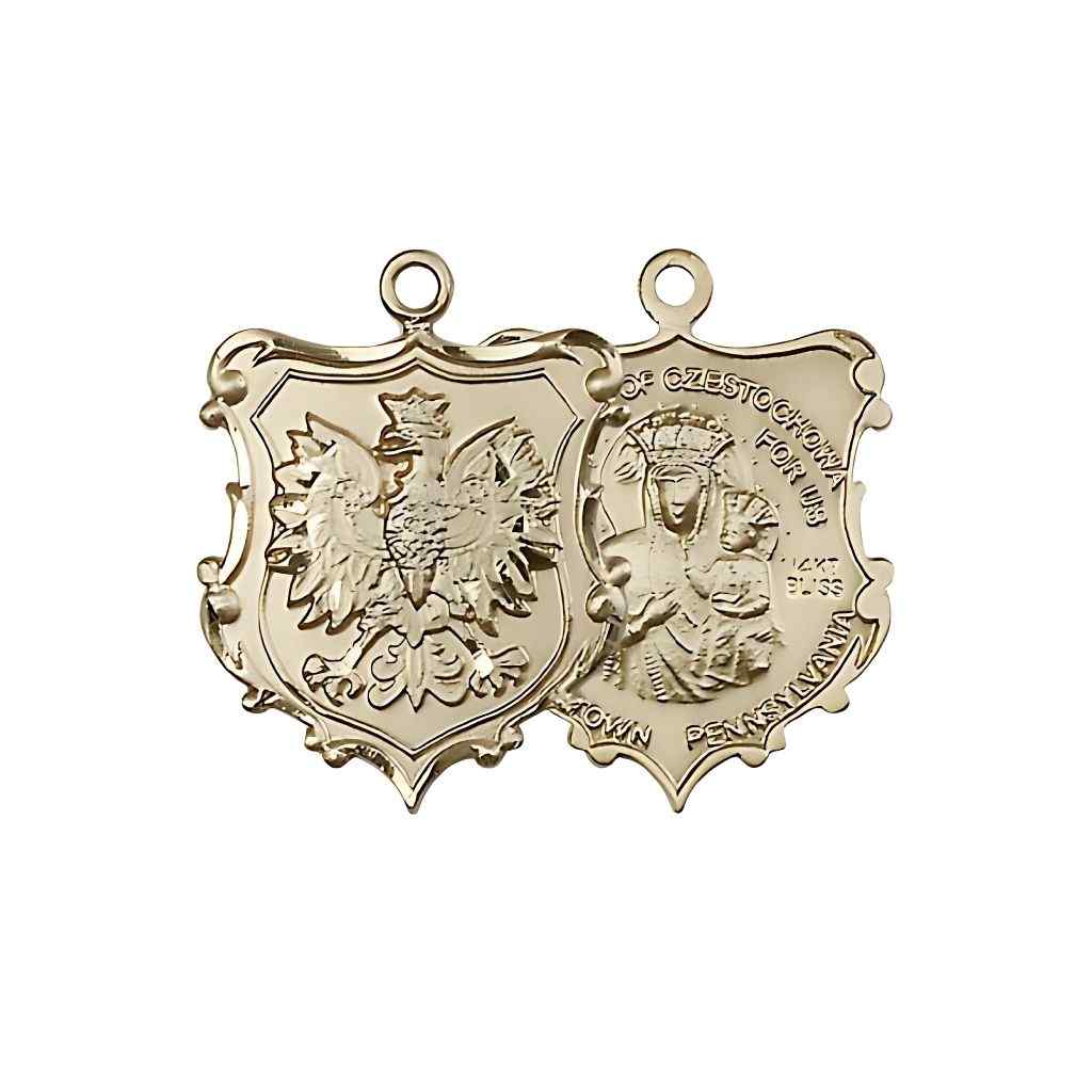 Medium size Our Lady of Czestochowa and Falcon 14kt gold shield medal