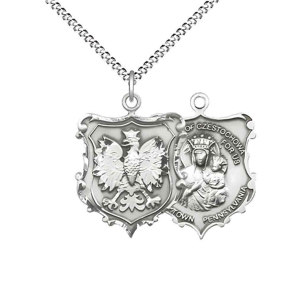 Medium size Our Lady of Czestochowa and Falcon pewter shield medal with rhodium-plated chain